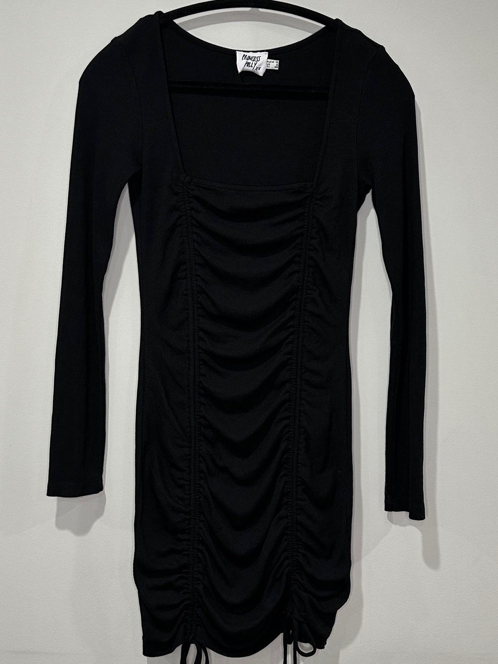 Princess Polly Black Ruched Mikayla Long Sleeve Square Neck Mini Dress Size 6